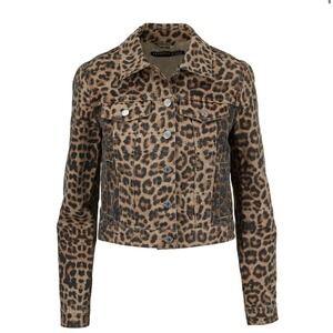Veronica Beard Cara Leopard Cropped Jean Jacket Womens Small Silver Button Denim